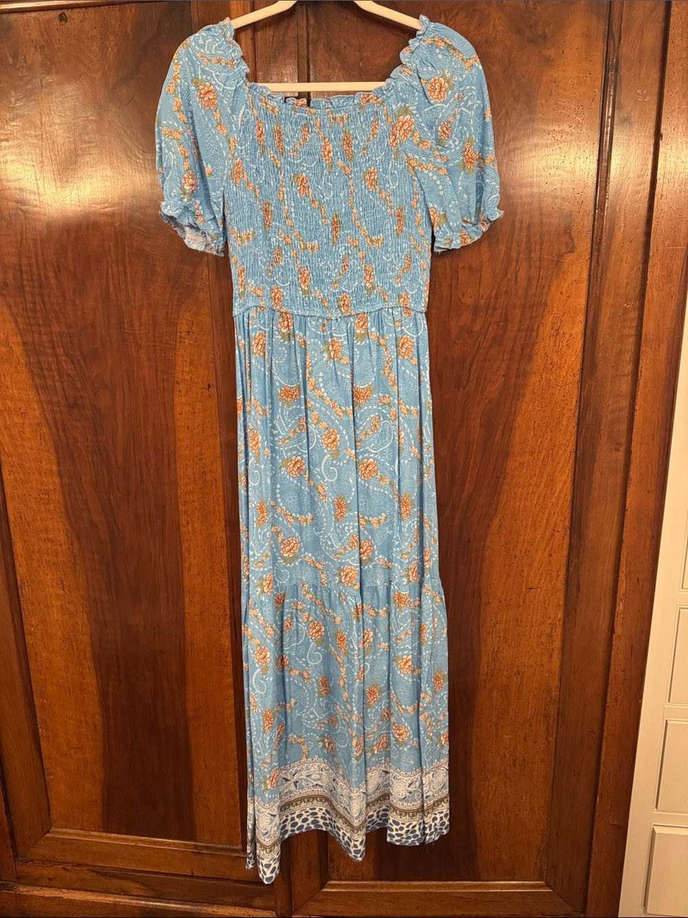 Sky Blue Floral Smocked Maxi Dress with Puff Sleeves